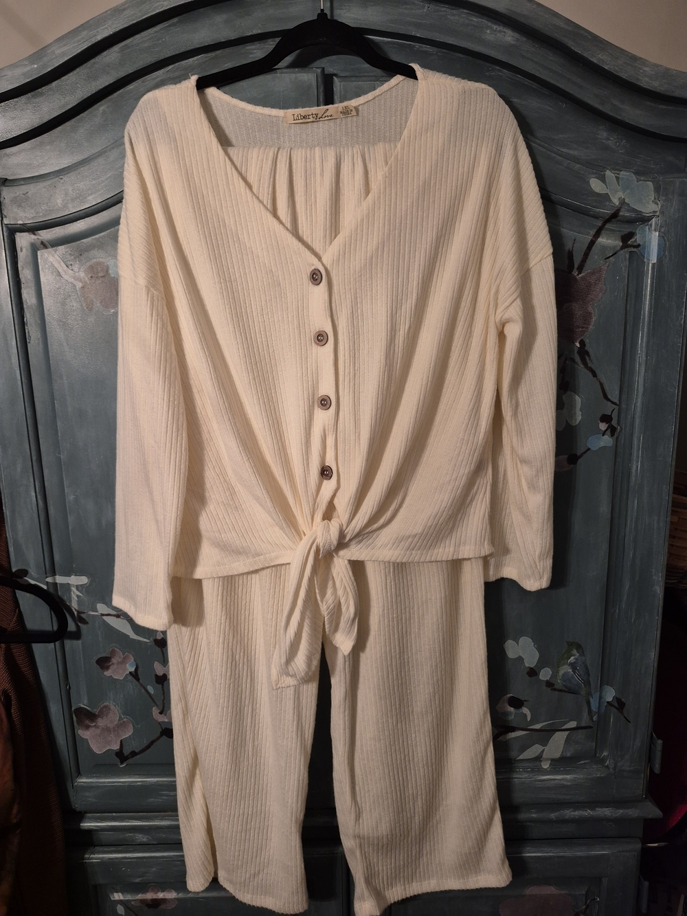 Liberty Love Cream Ribbed Button-Front Jumpsuit